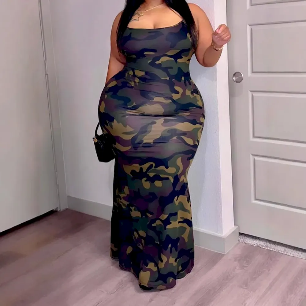 Women Fashion Sexy Plus Size Camouflage Printed Spaghetti Strap Slim Fit Dress
