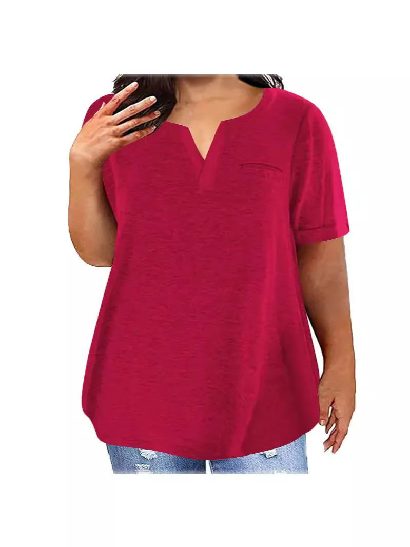 Women Fashion Casual Plus Size Solid Color V-Neck Short-Sleeve T-Shirt - Image 3