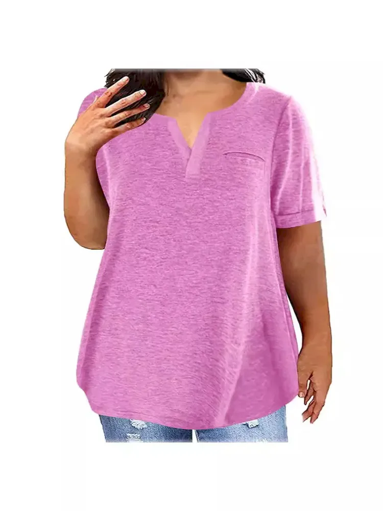 Women Fashion Casual Plus Size Solid Color V-Neck Short-Sleeve T-Shirt - Image 4