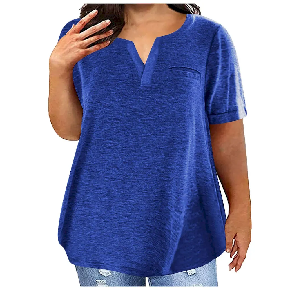 Women Fashion Casual Plus Size Solid Color V-Neck Short-Sleeve T-Shirt - Image 6