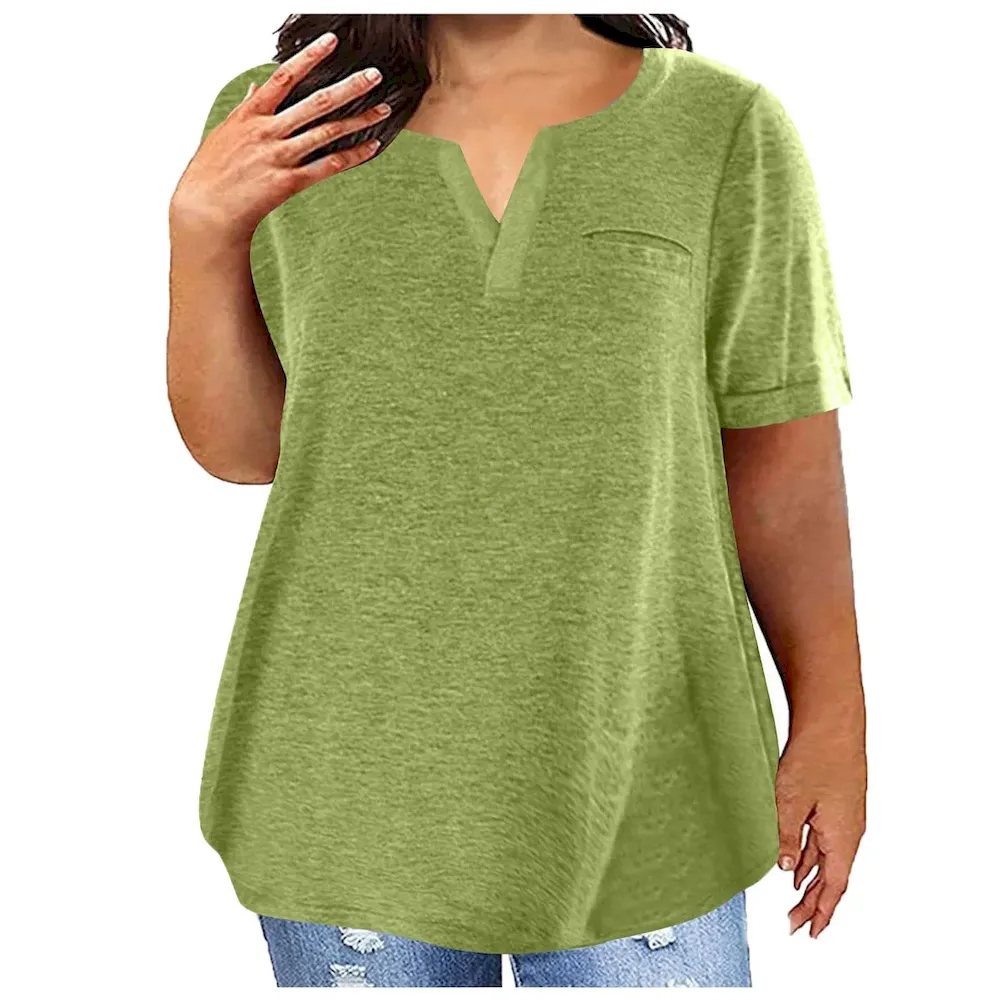 Women Fashion Casual Plus Size Solid Color V-Neck Short-Sleeve T-Shirt - Image 8