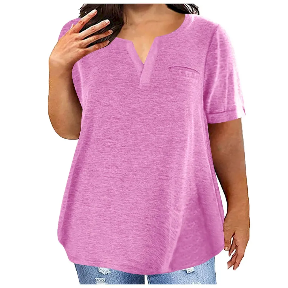Women Fashion Casual Plus Size Solid Color V-Neck Short-Sleeve T-Shirt - Image 10