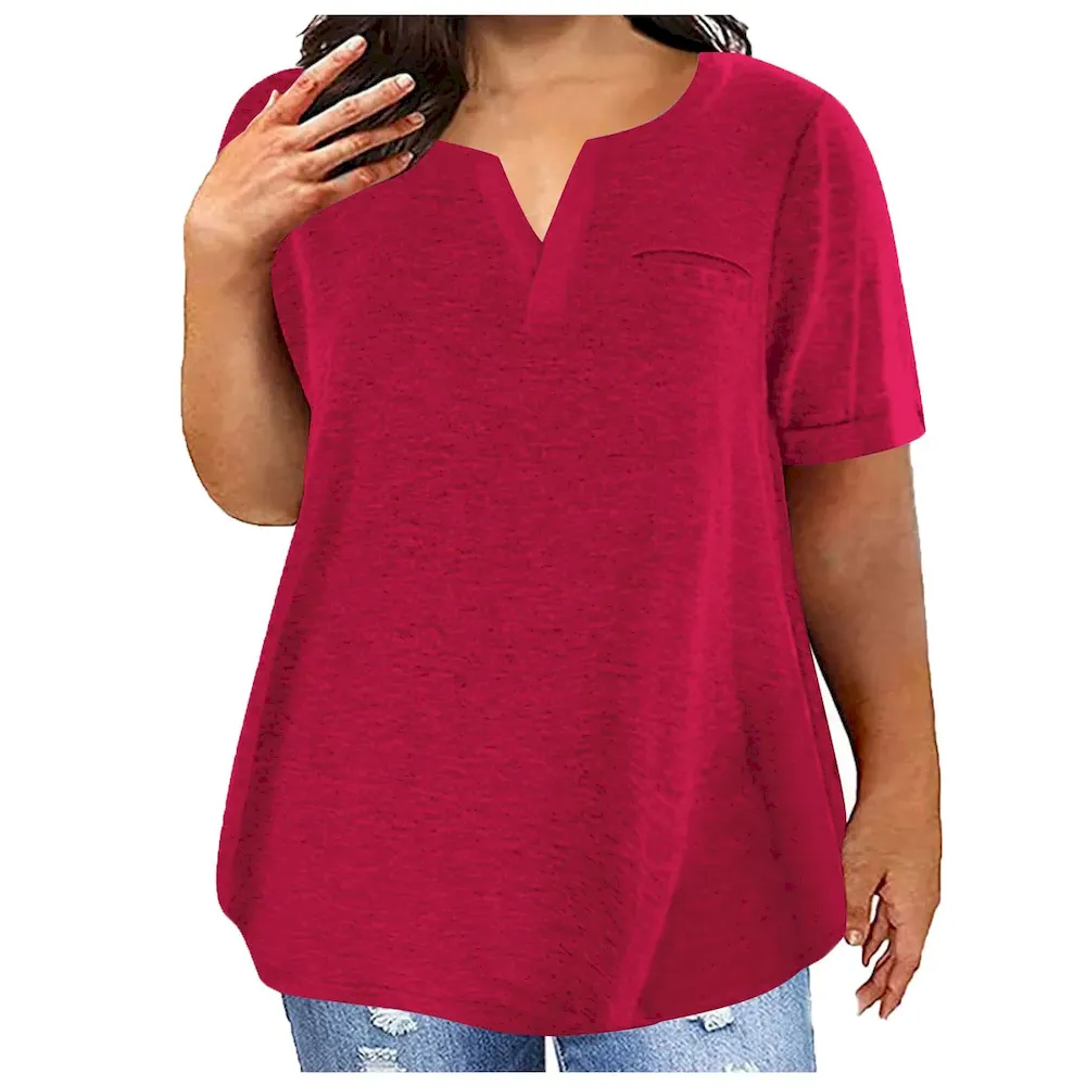 Women Fashion Casual Plus Size Solid Color V-Neck Short-Sleeve T-Shirt - Image 11