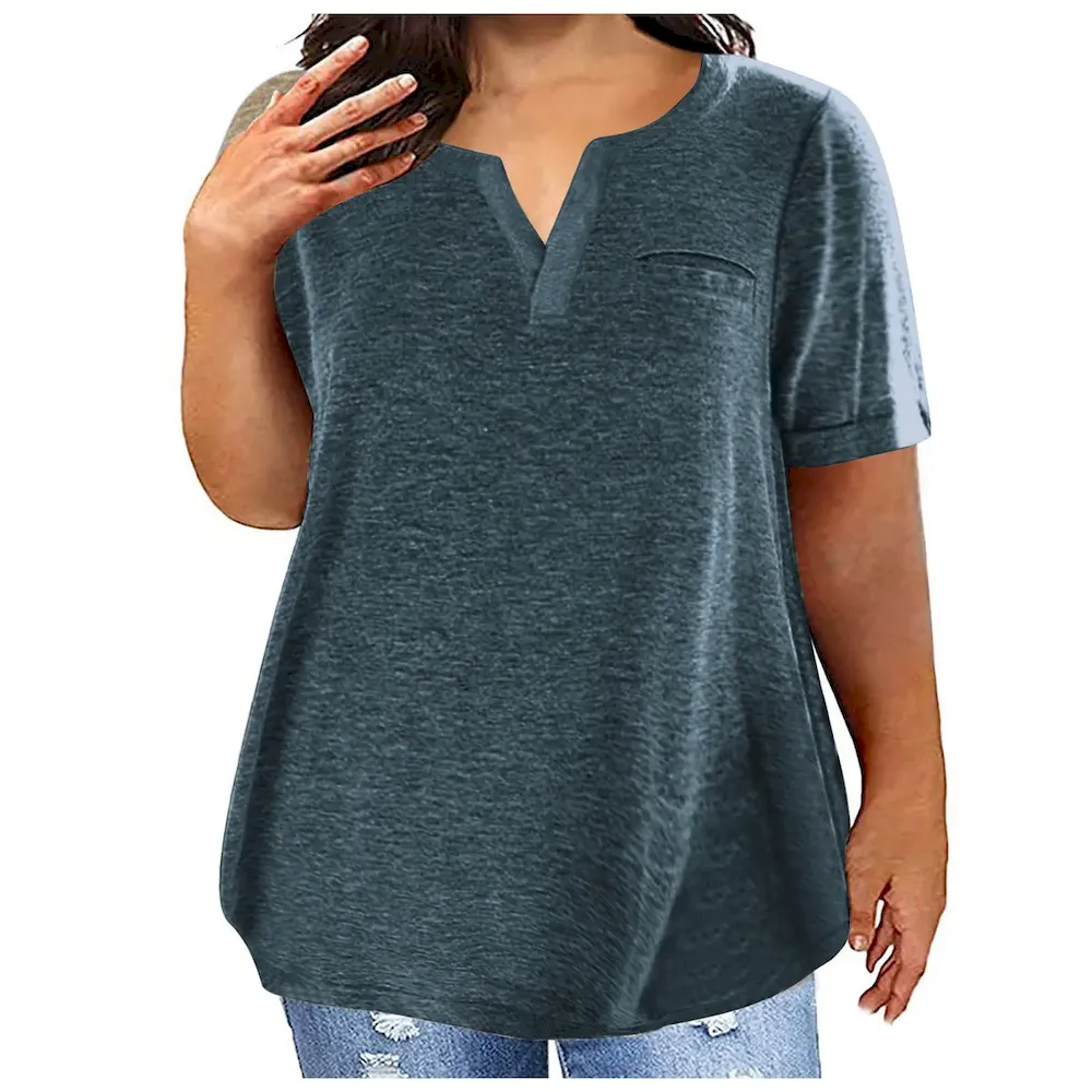 Women Fashion Casual Plus Size Solid Color V-Neck Short-Sleeve T-Shirt - Image 14