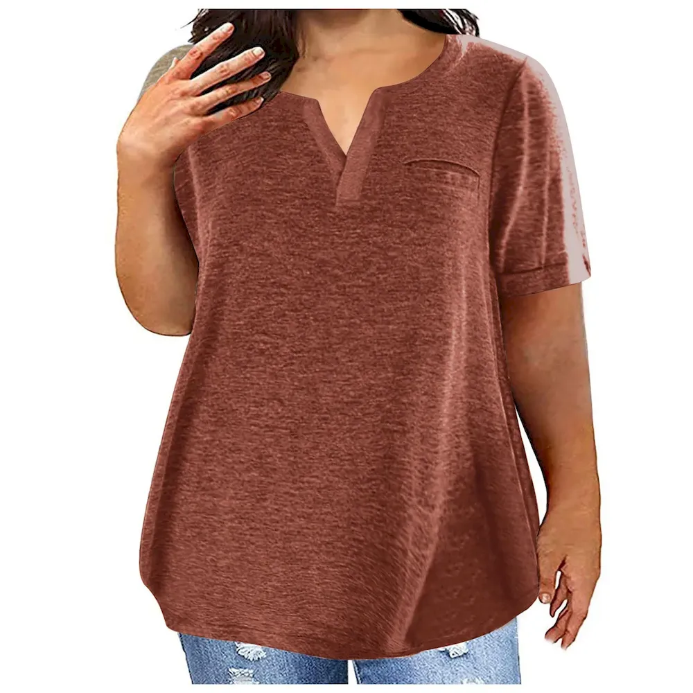 Women Fashion Casual Plus Size Solid Color V-Neck Short-Sleeve T-Shirt - Image 15