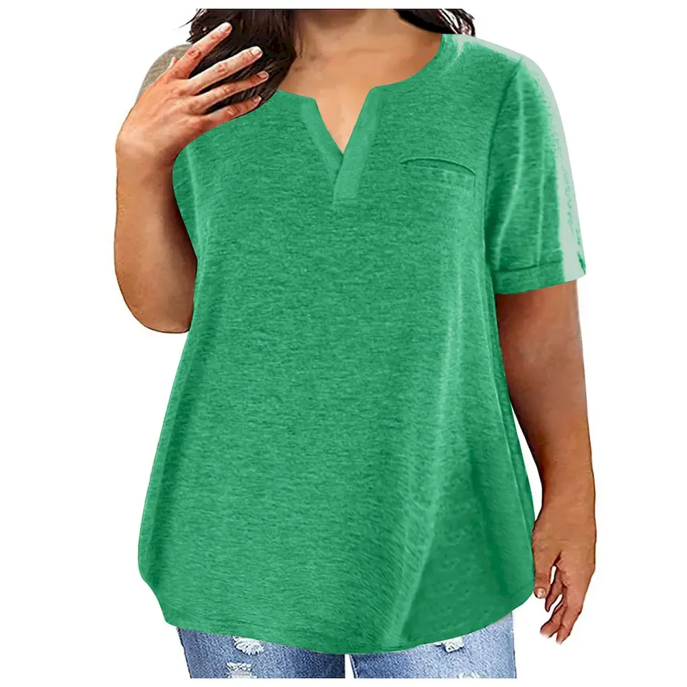 Women Fashion Casual Plus Size Solid Color V-Neck Short-Sleeve T-Shirt - Image 16