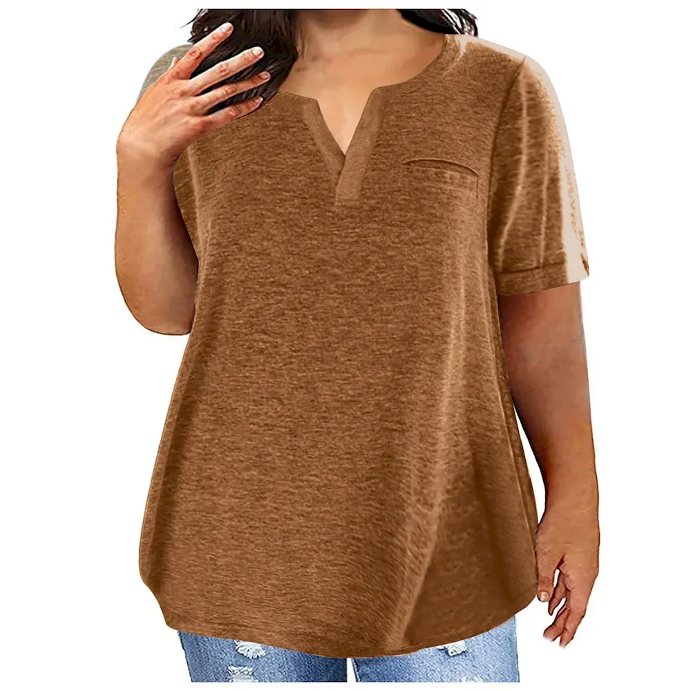 Women Fashion Casual Plus Size Solid Color V-Neck Short-Sleeve T-Shirt - Image 17