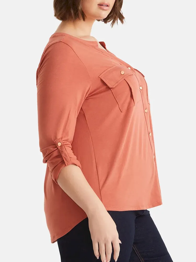 Women Fashion Casual Plus Size V-Neck Long-Sleeve Pockets T-Shirt - Image 3