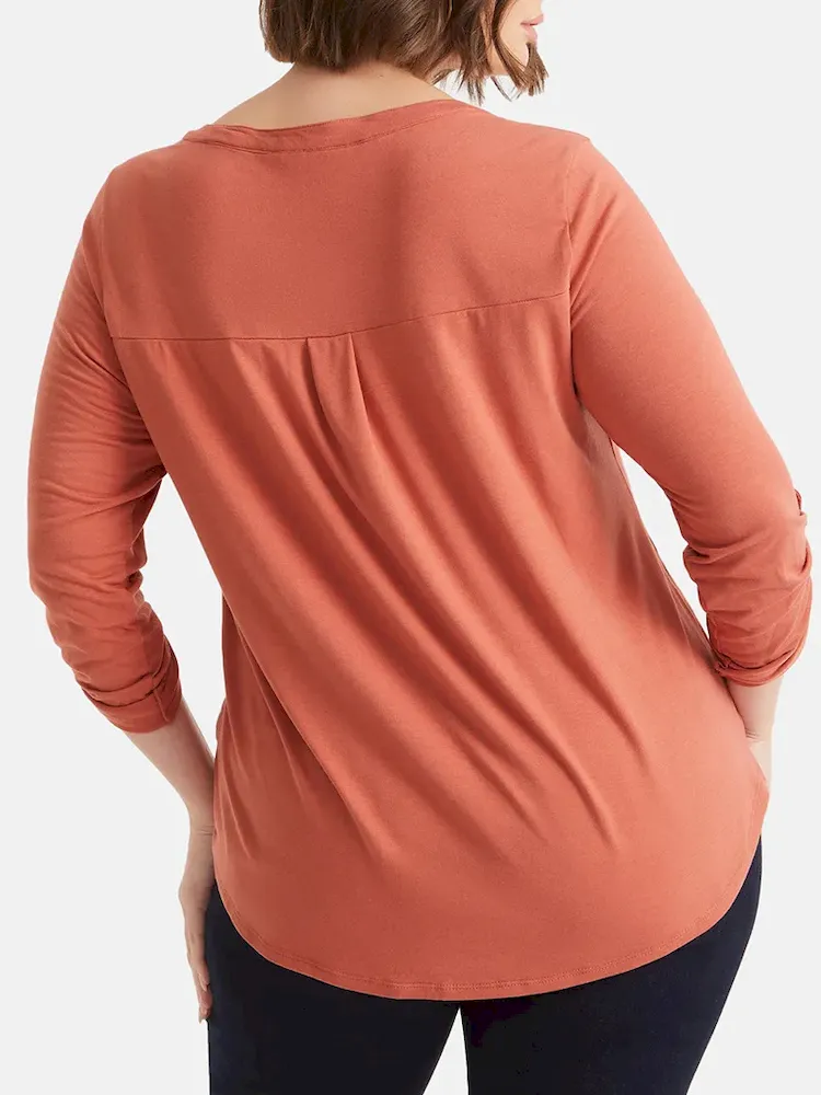 Women Fashion Casual Plus Size V-Neck Long-Sleeve Pockets T-Shirt - Image 4