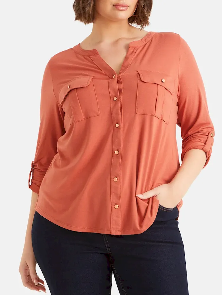 Women Fashion Casual Plus Size V-Neck Long-Sleeve Pockets T-Shirt - Image 5