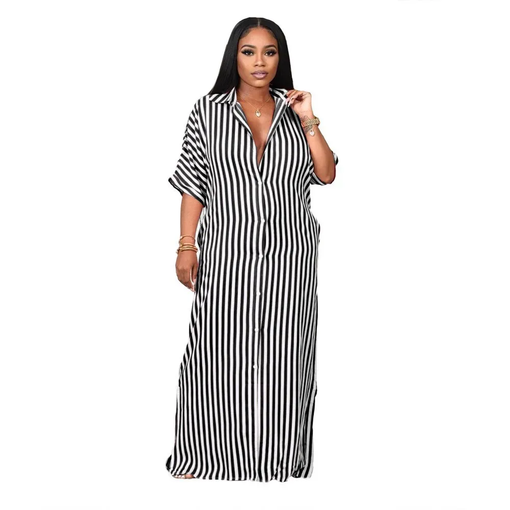 Women Fashion Causal Plus Size Stripe Lapel Short-Sleeve Single Breasted Loose Dress - Image 4