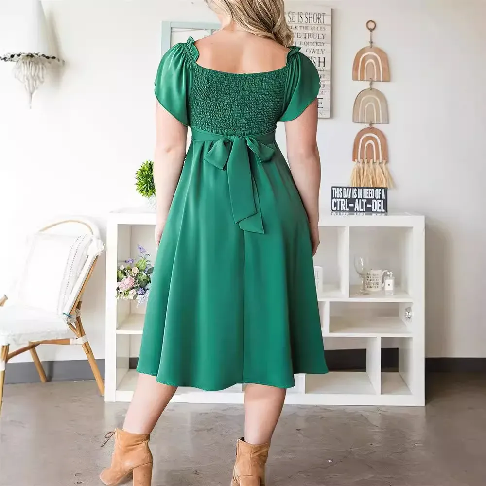 Women Fashion Elegant Plus Size Pleated Square Neck Short-Sleeve Lace-Up Dress - Image 3