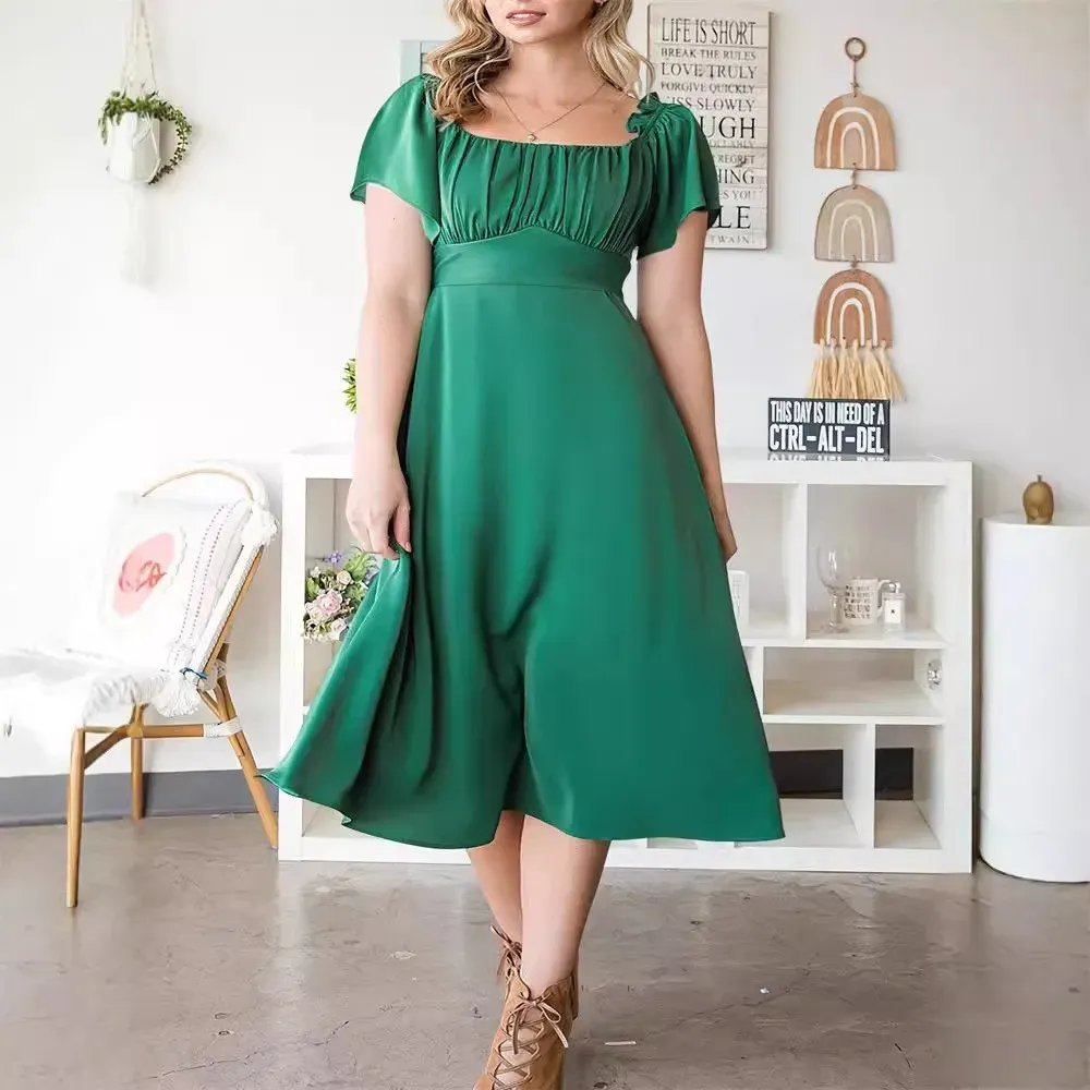 Women Fashion Elegant Plus Size Pleated Square Neck Short-Sleeve Lace-Up Dress - Image 4