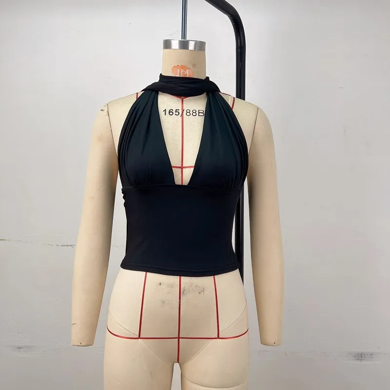 Women Fashion Sexy Solid Color Deep V-Neck Backless Lace-Up Tank Top - Image 6