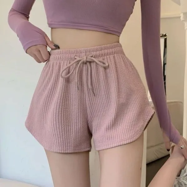 Women Fashion Casual Solid Color Waffle High Waist Loose Shorts