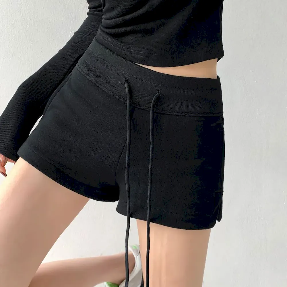 Women Fashion Casual Solid Color Drawstring Loose Shorts