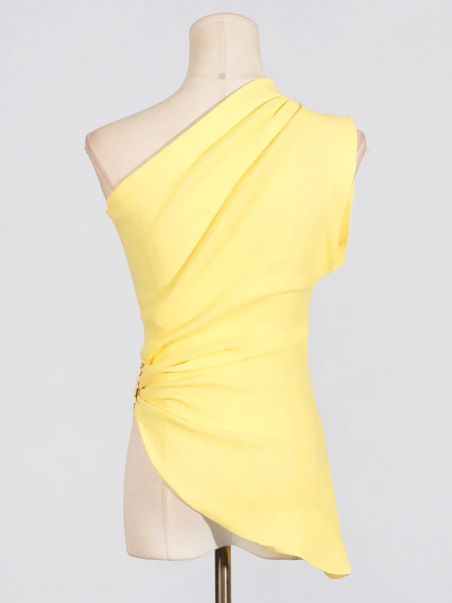 Women Fashion Sexy Solid Color Pleated Metal Buckle Slant Shoulder Sleeveless Tank Top - Image 4