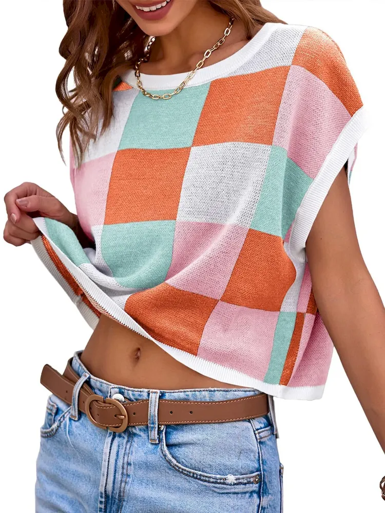 Women Fashion Casual Color Block Round Neck Short Sleeve Knitted Top - Image 3