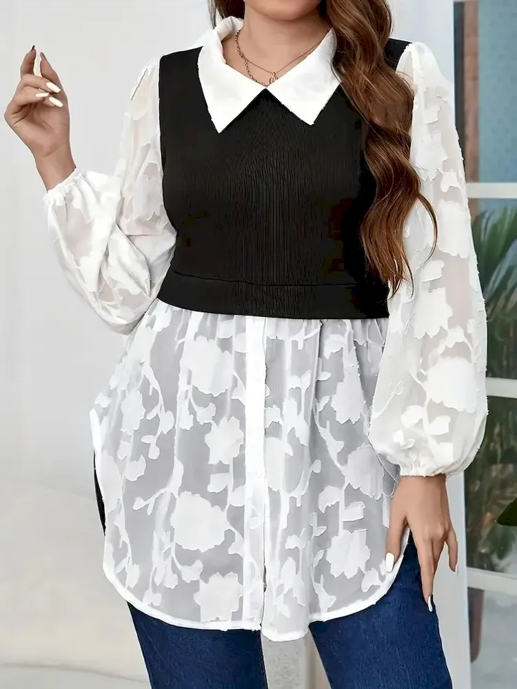 Women Fashion Casual Plus Size Splicing Contrast Color Lapel Lantern Sleeve Blouse - Image 4