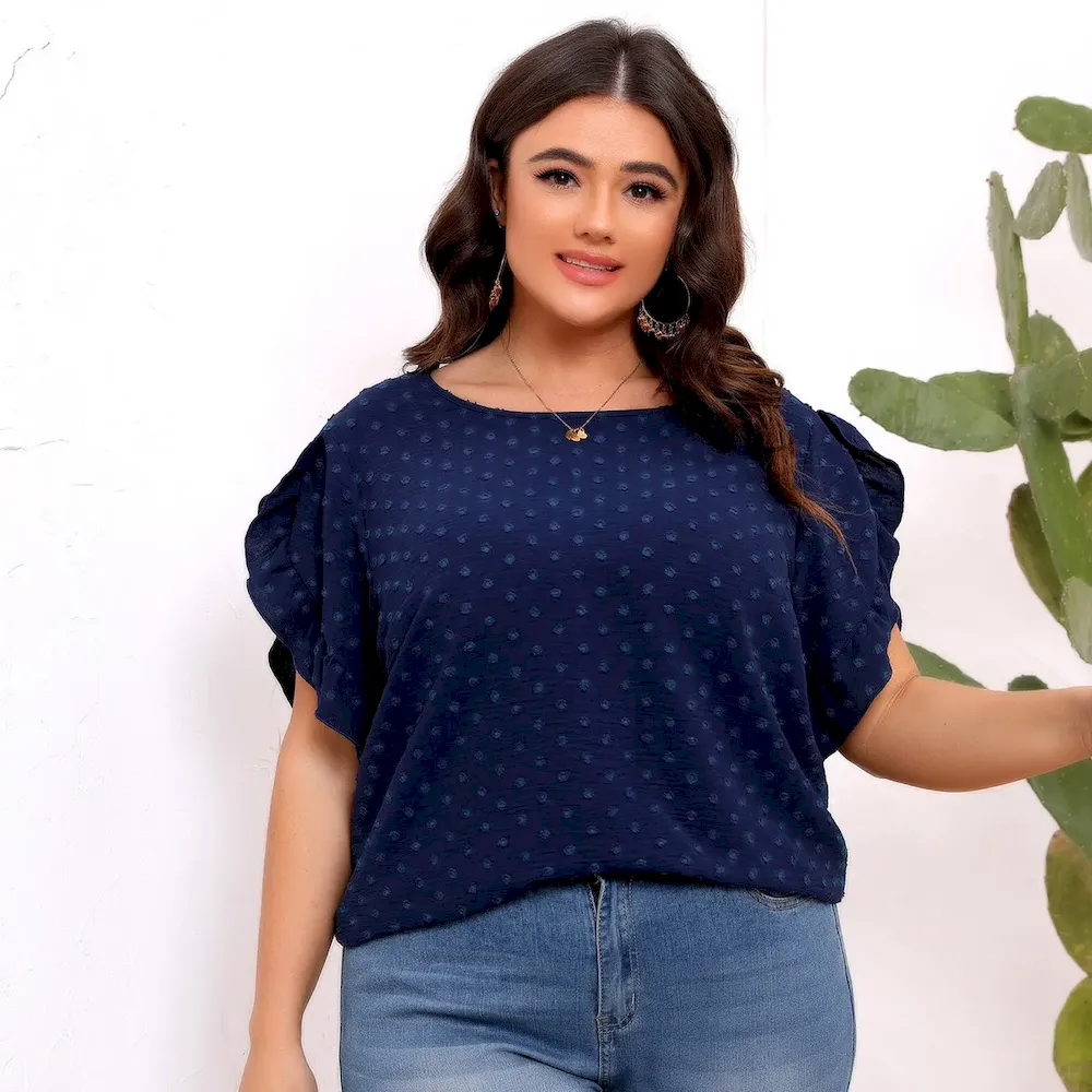 Women Casual Plus Size Small Wool Ball Round Neck Short Ruffled Sleeve Blouse