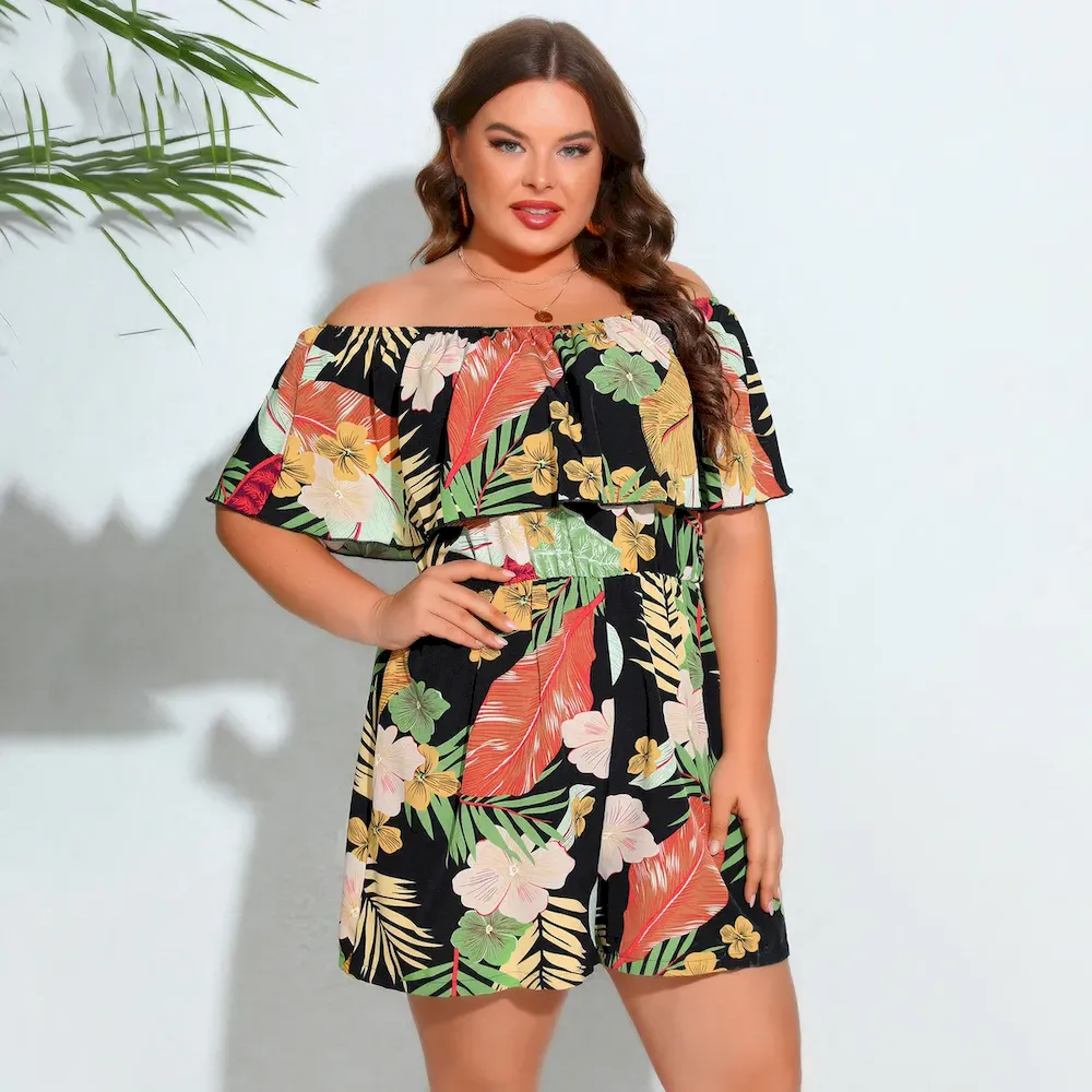 Women Fashion Casual Plus Size Floral-Print Off Shoulder Loose Rompers