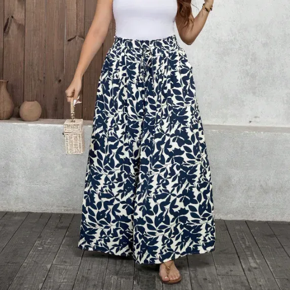 Women Casual Plus Size Floral Printed Loose Wide-Leg Pants