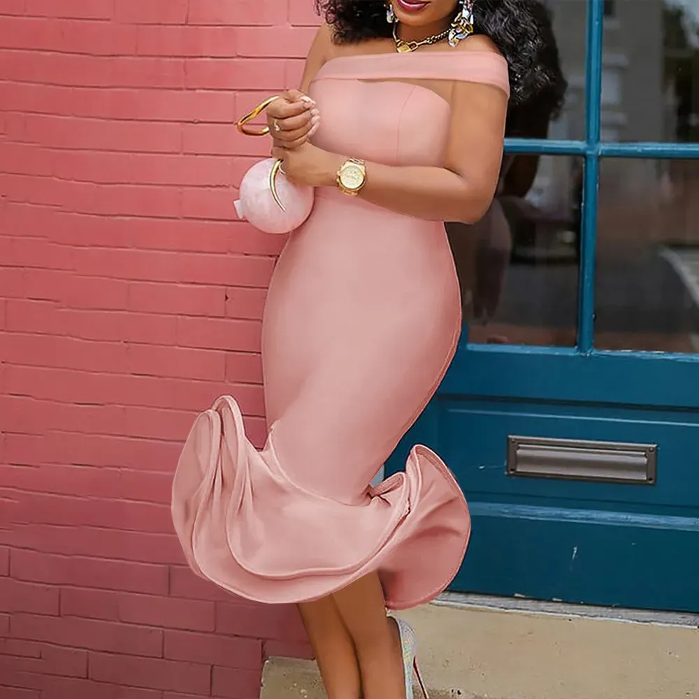 Women Fashion Sexy Solid Color Irregular Off Shoulder Backless Party Dress