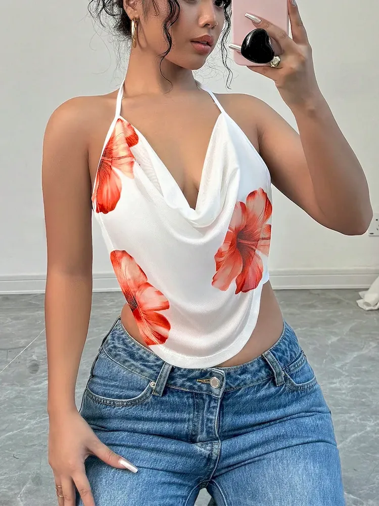 Sexy Women Summer Holiday Style Floral Halter Neck Camis