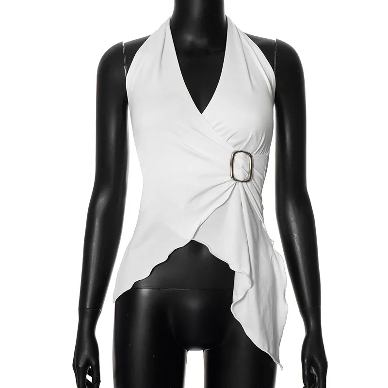 Women Summer Solid Color V-Neck Sexy Halter Neck Tank Top - Image 6