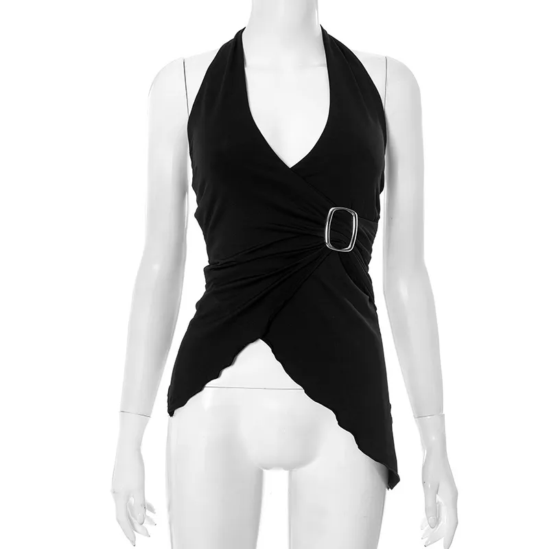 Women Summer Solid Color V-Neck Sexy Halter Neck Tank Top - Image 7