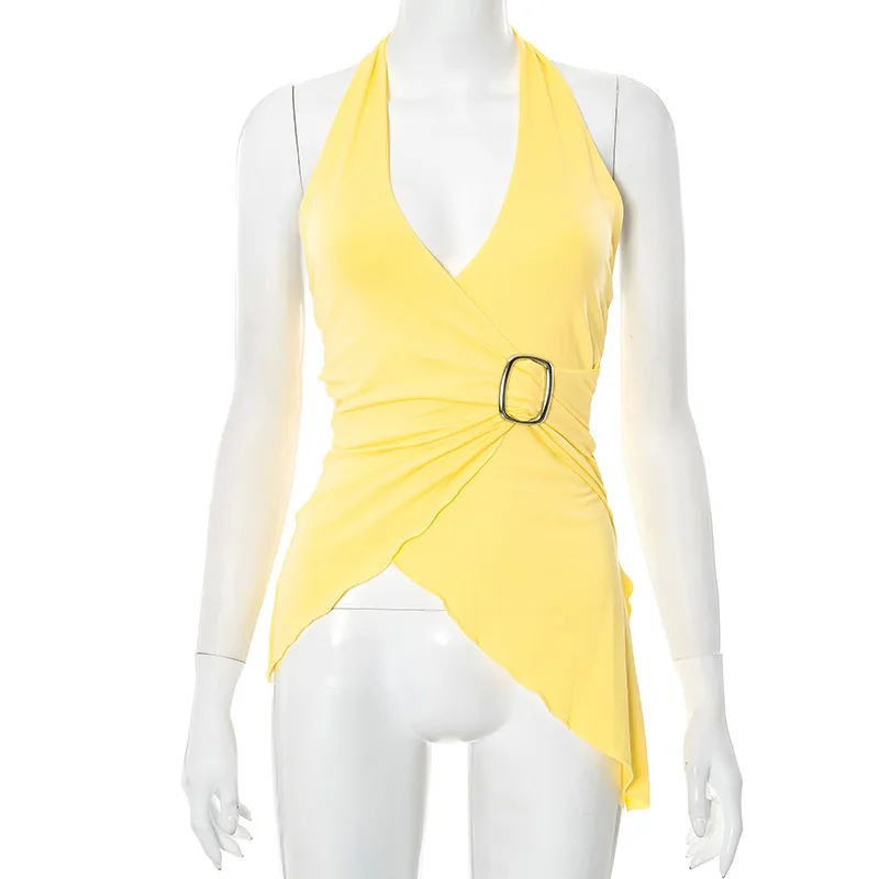 Women Summer Solid Color V-Neck Sexy Halter Neck Tank Top - Image 8