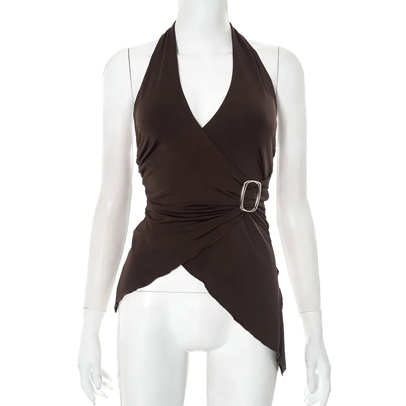 Women Summer Solid Color V-Neck Sexy Halter Neck Tank Top - Image 9