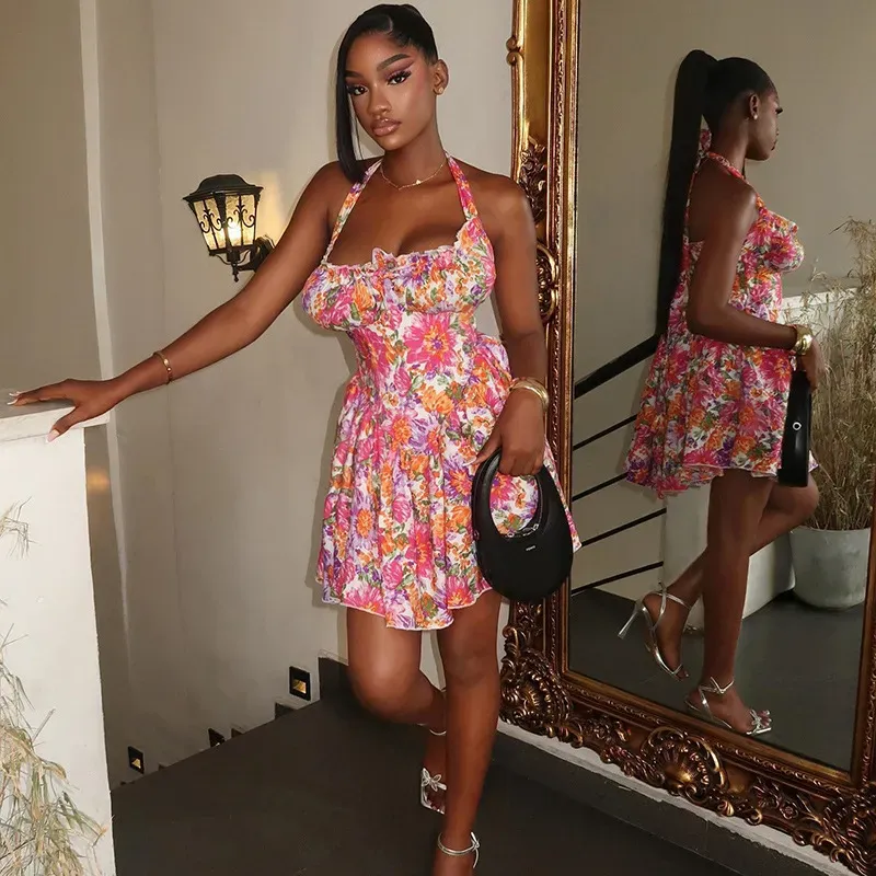 Women Fashion Sexy Floral Printed Pleated Halter-Neck Lace-Up Dress - Image 3