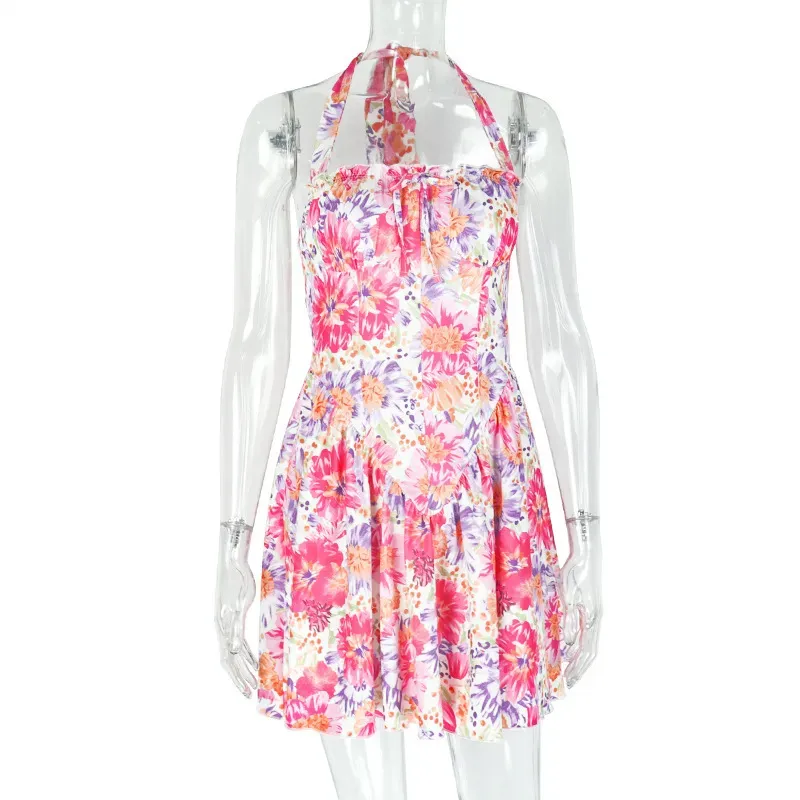 Women Fashion Sexy Floral Printed Pleated Halter-Neck Lace-Up Dress - Image 5