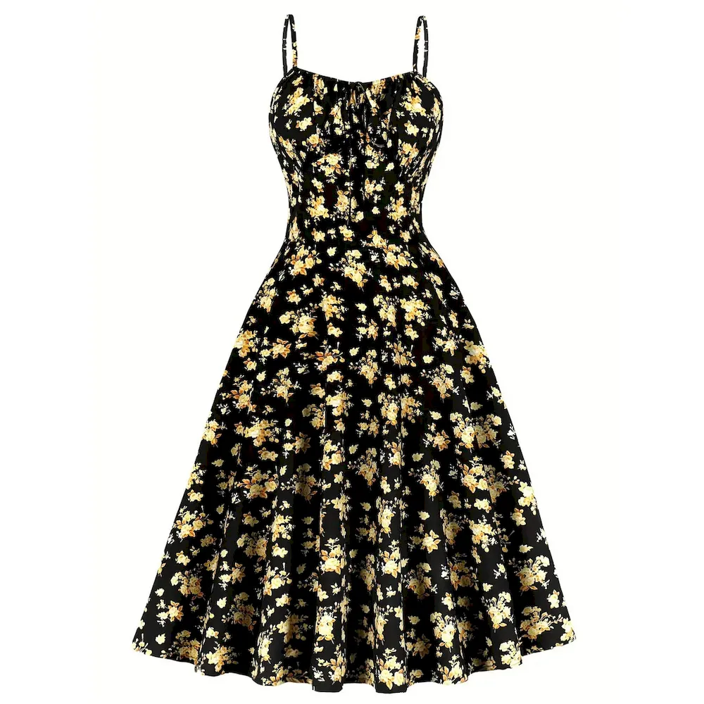 Women Fashion Elegant Floral Printed Spaghetti Strap Loose Dress