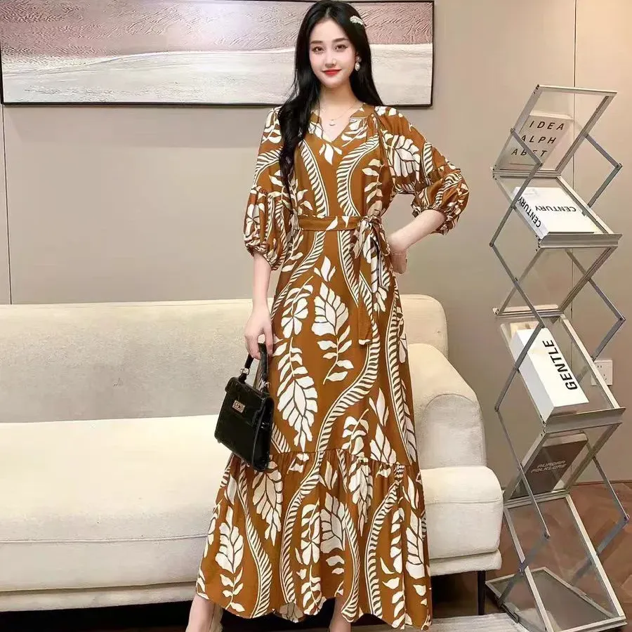 Women Fashion Casual Chiffon Printed V-Neck Lantern Sleeve Lace-Up Loose Dress - Image 4