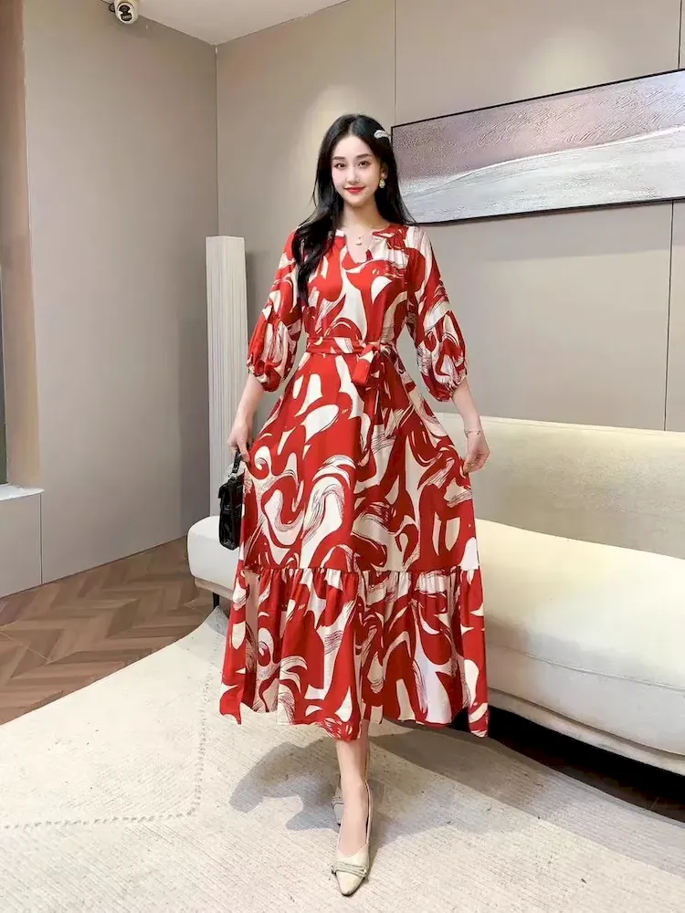 Women Fashion Casual Chiffon Printed V-Neck Lantern Sleeve Lace-Up Loose Dress - Image 6