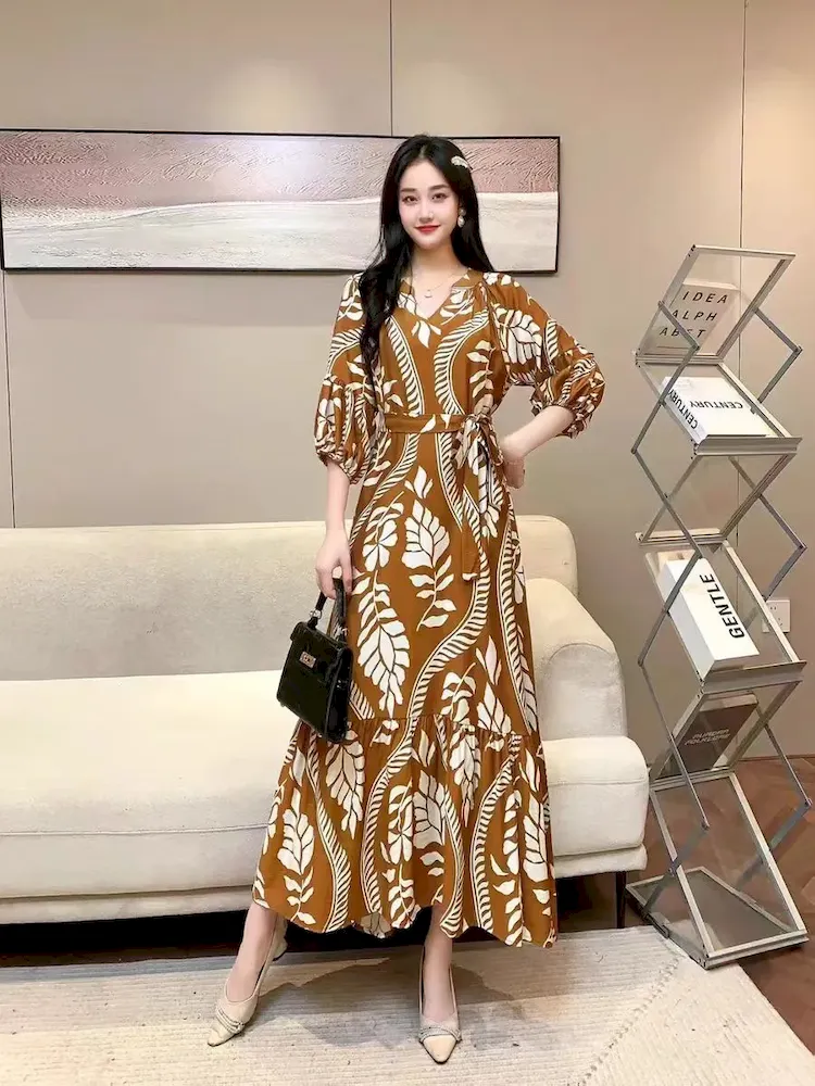 Women Fashion Casual Chiffon Printed V-Neck Lantern Sleeve Lace-Up Loose Dress - Image 7