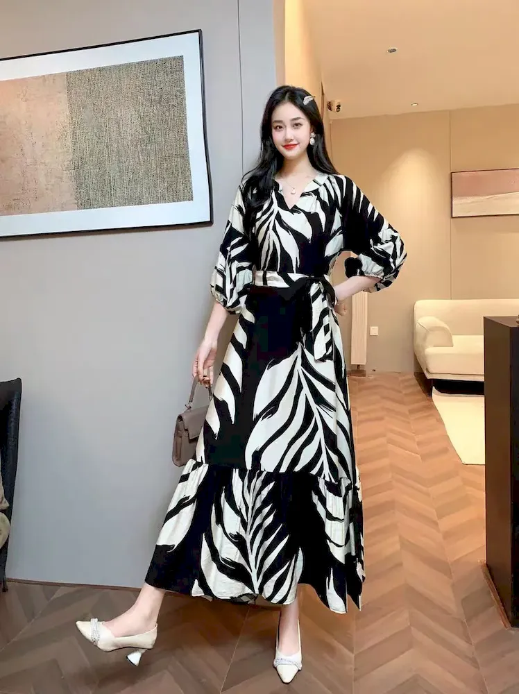 Women Fashion Casual Chiffon Printed V-Neck Lantern Sleeve Lace-Up Loose Dress - Image 11