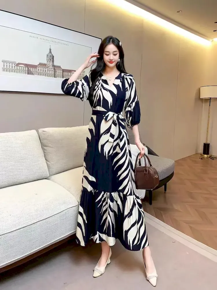Women Fashion Casual Chiffon Printed V-Neck Lantern Sleeve Lace-Up Loose Dress - Image 12