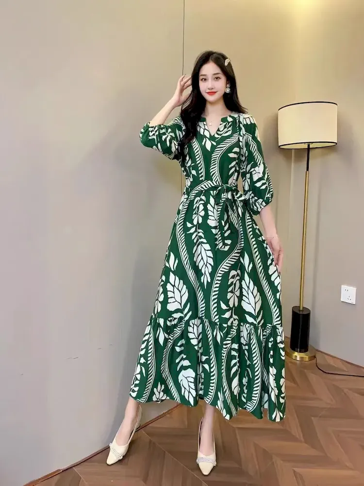 Women Fashion Casual Chiffon Printed V-Neck Lantern Sleeve Lace-Up Loose Dress - Image 14