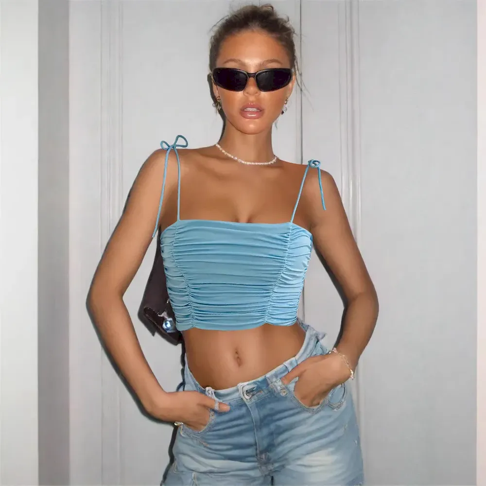 Women Fashion Sexy Solid Color Pleated Lace-Up Camisole