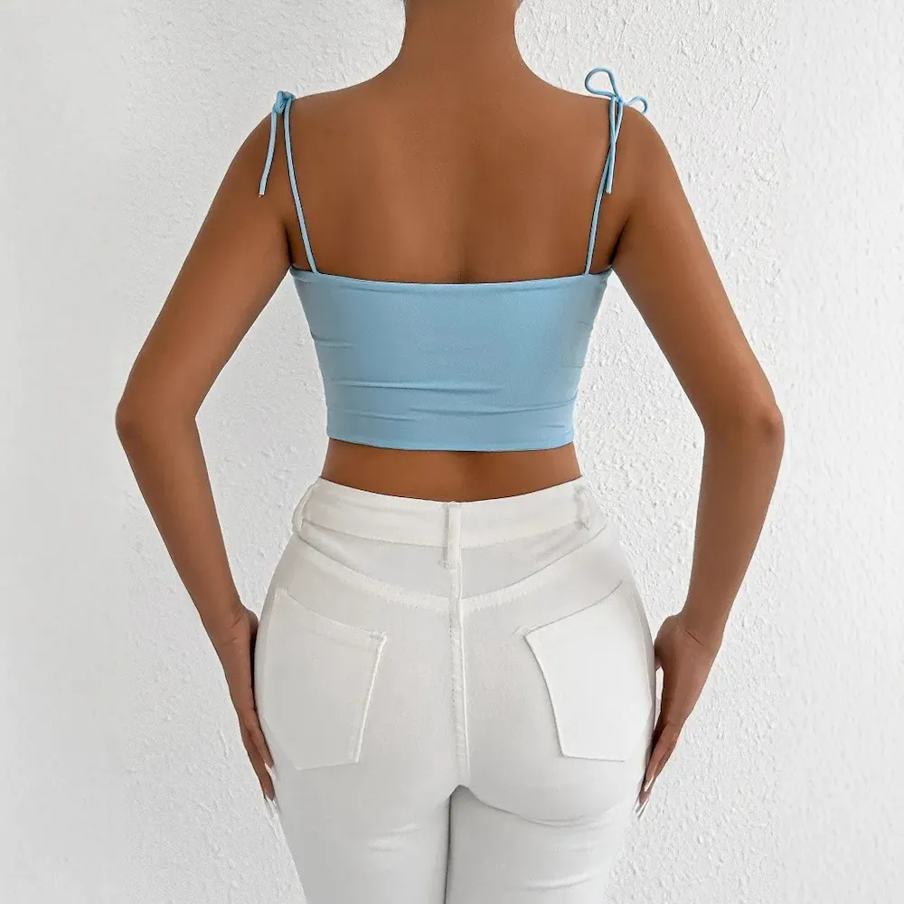 Women Fashion Sexy Solid Color Pleated Lace-Up Camisole - Image 3