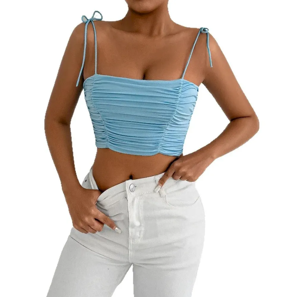 Women Fashion Sexy Solid Color Pleated Lace-Up Camisole - Image 4