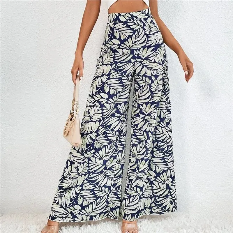 Women Fashion Casual Chiffon Floral Printed High Waist Wide Leg Pants