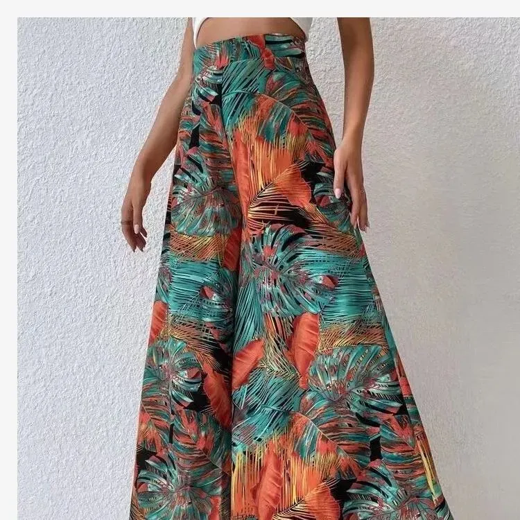 Women Fashion Casual Chiffon Floral Printed High Waist Wide Leg Pants - Image 3