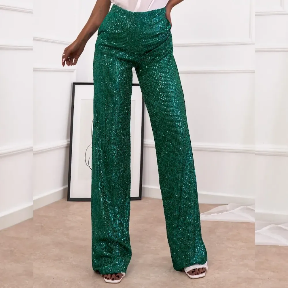 Women Fashion Casual Solid Color Sequin Slim-Fit Straight Pants - Image 3