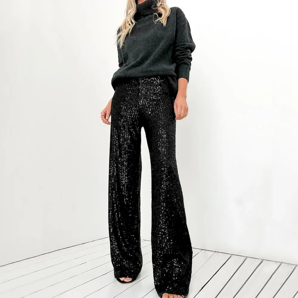 Women Fashion Casual Solid Color Sequin Slim-Fit Straight Pants - Image 5