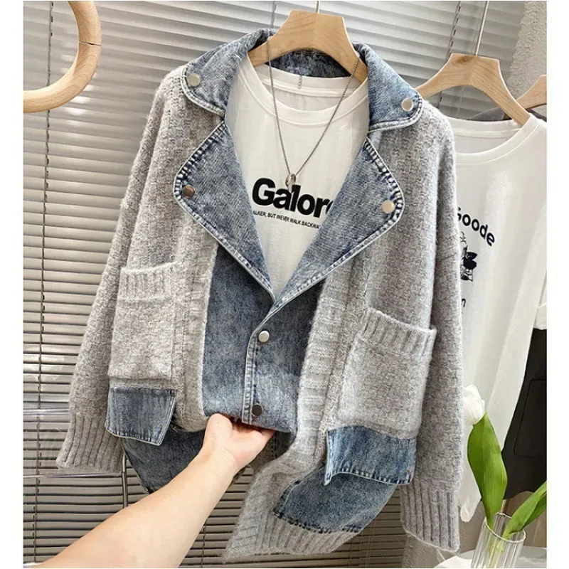 Women Fashion Distinctive Stitching Knitted Denim Jacket - Image 7