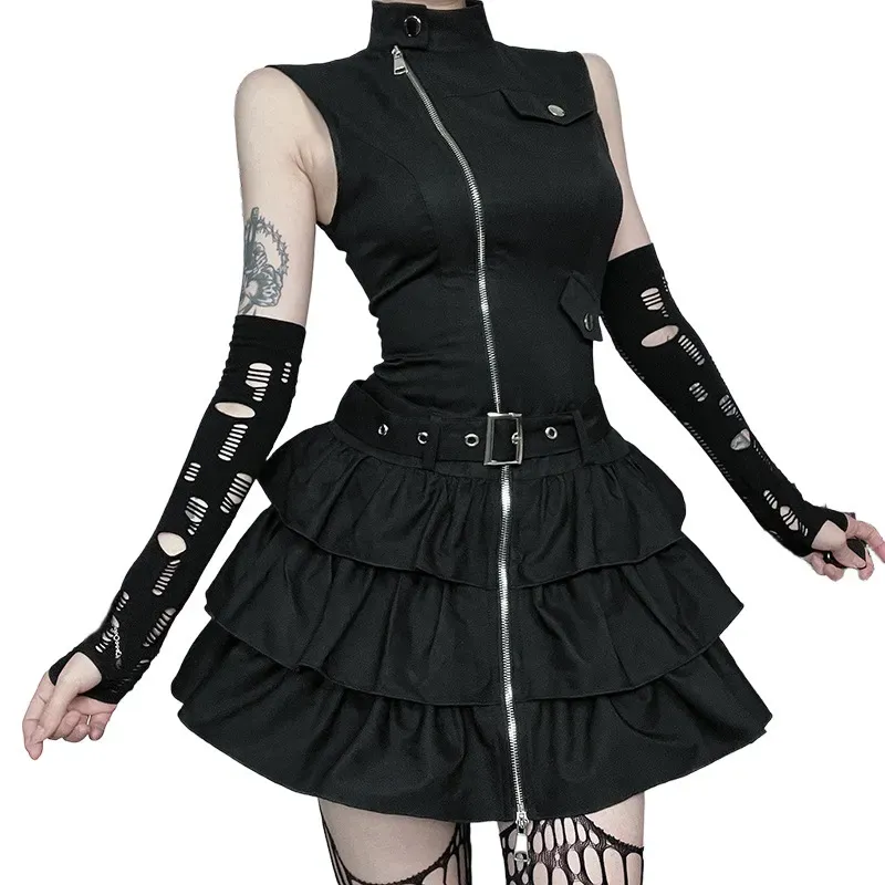 Women Gothic Solid Color Sleeveless Zip Dress - Image 5